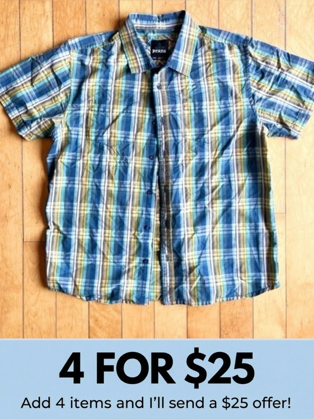 Prana Short‑Sleeve Multicolor Plaid Button‑Up Shirt – Size Large